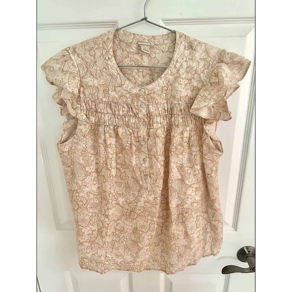 Magaschoni Beige Floral Boho Cottagecore Linen Top Blouse Size L